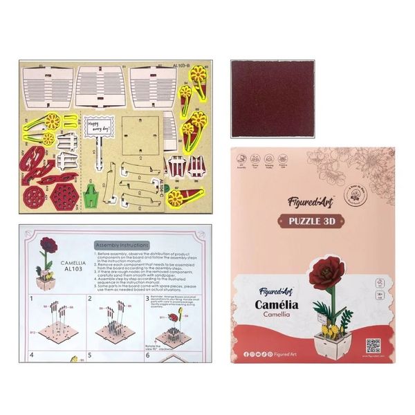 Produktbild: FiguredArt AL103 - Kamelie, 3D Puzzle, Holz, 83 Teile, H&ouml;he: 18,9 cm