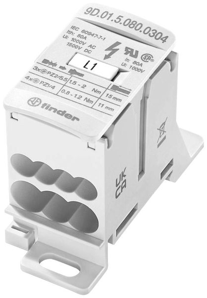 Finder 9D.01.5.080.0304 Verteiler Weiß 7polig 6 mm² 80 A 1000 V/AC, 1500 V/DC Leiter-Typ = L, N, PE