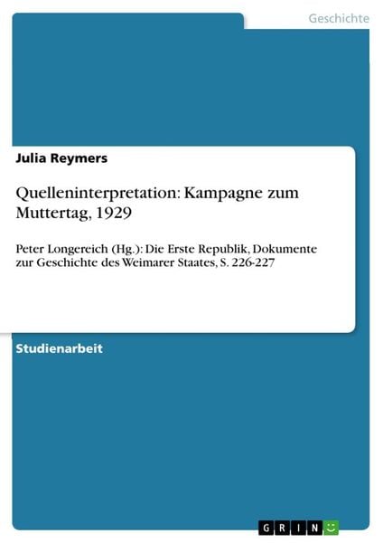 Produktbild: Quelleninterpretation: Kampagne zum Muttertag, 1929