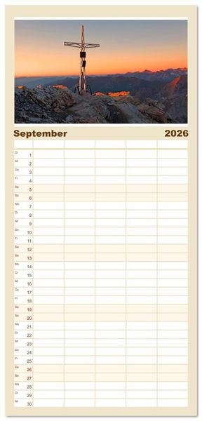 Produktbild: Familienplaner 2026 - Gipfelkreuze im Sonnenlicht mit 5 Spalten (Wandkalender, 21 x 45 cm) CALVENDO