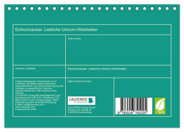Produktbild: Einhornzauber. Liebliche Unicorn-Weisheiten (Tischkalender 2026 DIN A5 quer), CALVENDO Monatskalender