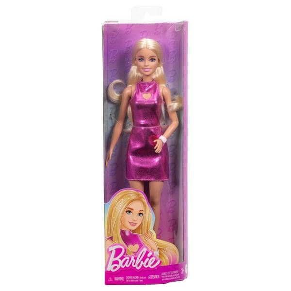 Produktbild: Barbie Fashionista Puppe im pinken Metallic-Kleid mit Herz-Aussparung