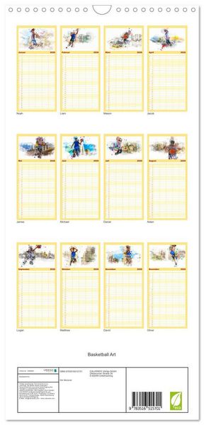 Produktbild: Familienplaner 2026 - Basketball Art mit 5 Spalten (Wandkalender, 21 x 45 cm) CALVENDO