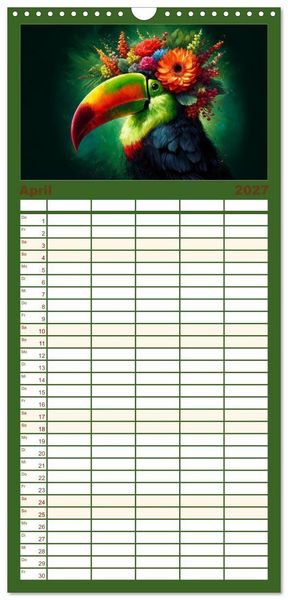 Produktbild: Familienplaner 2027 - Blumige Vogelportr&auml;ts mit 5 Spalten (Wandkalender, 21 x 45 cm) CALVENDO