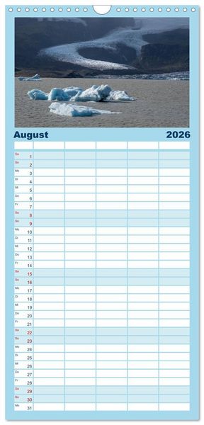 Produktbild: Familienplaner 2026 - Island - Gletscher, Wasserf&auml;lle, Hei&szlig;e Quellen mit 5 Spalten (Wandkalender, 21 x 45 cm) CALVENDO