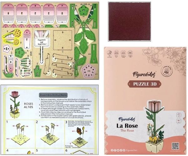 Produktbild: FiguredArt AL105 - Die Rose, 3D Puzzle, Holz, 66 Teile, H&ouml;he: 20 cm