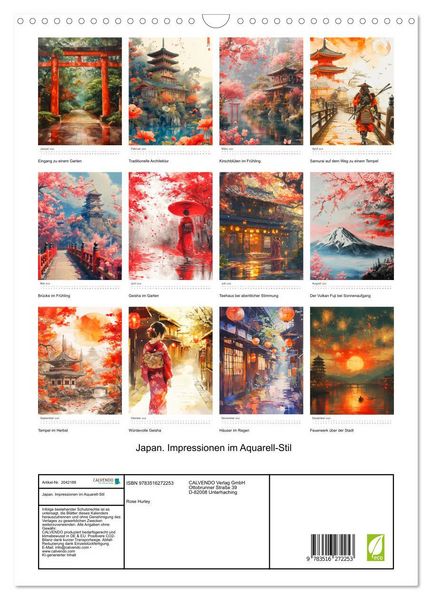 Produktbild: Japan. Impressionen im Aquarell-Stil (Wandkalender 2026 DIN A3 hoch), CALVENDO Monatskalender