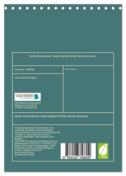 Produktbild: S&uuml;&szlig;er Wuschelkopf. West Highland White Terrier Momente (Tischkalender 2027 DIN A5 hoch), CALVENDO Monatskalender