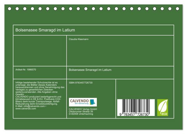 Produktbild: Bolsenasee Smaragd im Latium (Tischkalender 2026 DIN A5 quer), CALVENDO Monatskalender