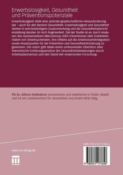 Produktbild: Erwerbslosigkeit, Gesundheit und Pr&auml;ventionspotenziale