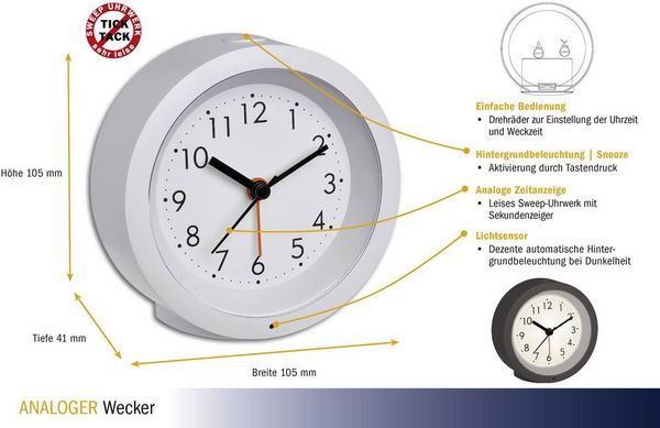 Produktbild: TFA Dostmann 60.1029.02 Quarz Wecker Wei&szlig; Alarmzeiten 1 Leisegang-Uhrwerk