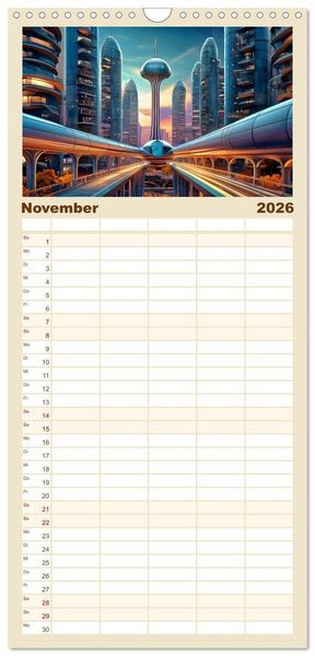 Produktbild: Familienplaner 2026 - Zukunftsvision Megacity mit 5 Spalten (Wandkalender, 21 x 45 cm) CALVENDO