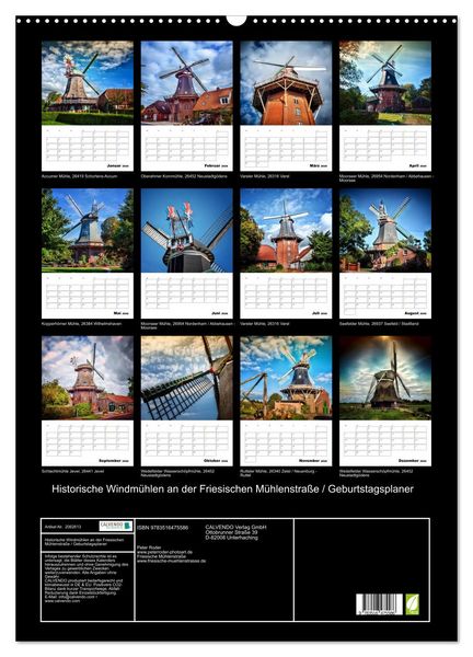 Produktbild: Historische Windm&uuml;hlen an der Friesischen M&uuml;hlenstra&szlig;e / Geburtstagsplaner (Wandkalender 2026 DIN A2 hoch), CALVENDO Monatskalender