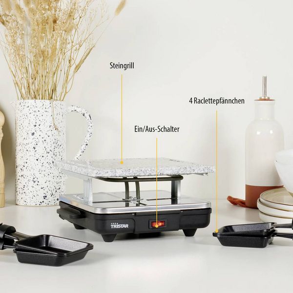 Produktbild: Tristar RA-2745 Raclette Antihaftbeschichtung, Kontrollleuchte, 4 Pf&auml;nnchen, mit Grillstein Schwarz, Grau