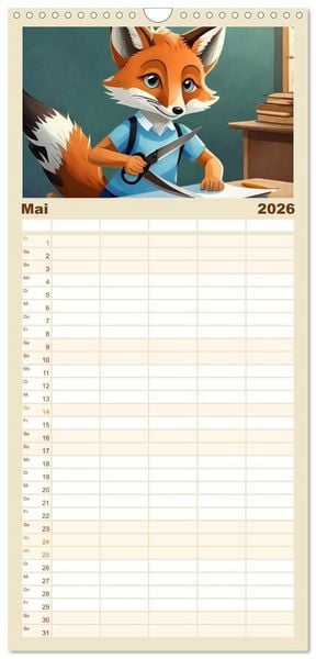 Produktbild: Familienplaner 2026 - Schlaufuchs - Abenteuer Schule mit 5 Spalten (Wandkalender, 21 x 45 cm) CALVENDO