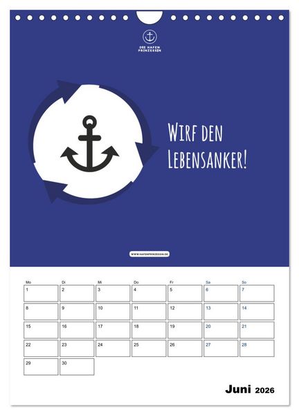 Produktbild: hafenprinzessin: Ankertr&auml;ume & Meer - Der moderne Zitate-Wandkalender f&uuml;r maritime Lebensmomente! (Wandkalender 2026 DIN A4 hoch), CALVENDO Monatskalender