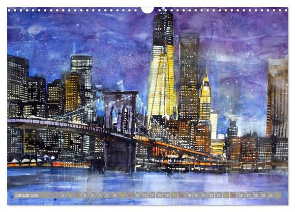 Produktbild: New York Watercolor Citylights (Wandkalender 2026 DIN A3 quer), CALVENDO Monatskalender