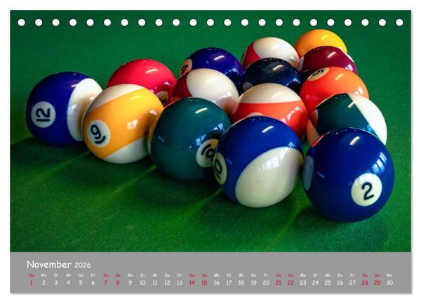 Produktbild: Freizeit Billard - Queue, Kugeln, Kreide und Tisch (Tischkalender 2026 DIN A5 quer), CALVENDO Monatskalender