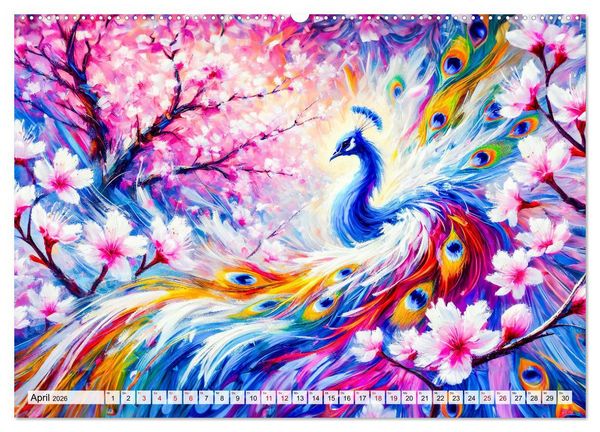 Produktbild: Tanz der Pfauen - Jahreszeiten in abstrakter Eleganz (hochwertiger Premium Wandkalender 2026 DIN A2 quer), Kunstdruck in Hochglanz