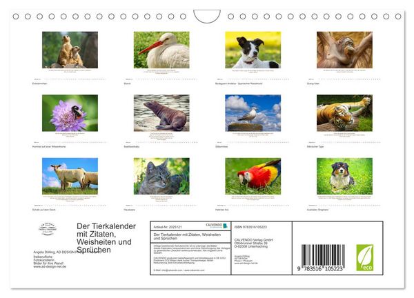 Produktbild: Der Tierkalender mit Zitaten, Weisheiten und Spr&uuml;chen (Wandkalender 2026 DIN A4 quer), CALVENDO Monatskalender