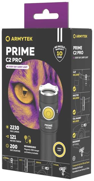 Produktbild: ArmyTek Prime C2 Pro Magnet USB Warm LED Taschenlampe mit G&uuml;rtelclip, mit Holster akkubetrieben 2230 lm 118 g