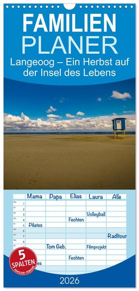 Produktbild: Familienplaner 2026 - Langeoog &ndash; Ein Herbst auf der Insel des Lebens mit 5 Spalten (Wandkalender, 21 x 45 cm) CALVENDO