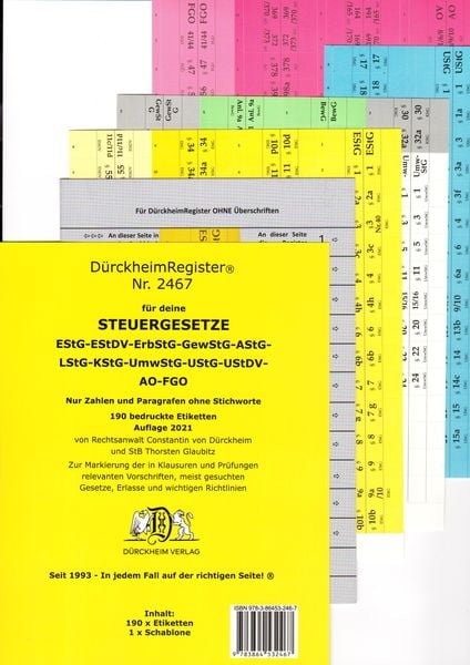 DürckheimRegister STEUERGESETZE: Zahlen und §§, OHNE Stichworte, Pappband von Thorsten Glaubitz , Constantin Dürckheim, Dürckheim Verlag,