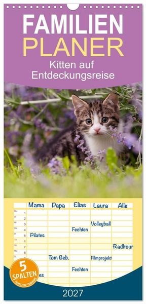 Produktbild: Familienplaner 2027 - Kitten auf Entdeckungsreise mit 5 Spalten (Wandkalender, 21 x 45 cm) CALVENDO