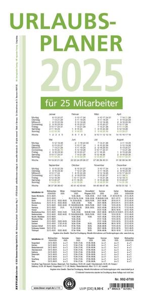 Urlaubsplaner 2025 - 100x29,7 cm - 16 Monate - für bis zu 25 Personen - aus Recyclingpapier - Blauer Engel - Wandplaner 