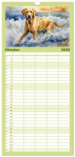Produktbild: Familienplaner 2026 - Voller Kraft und Energie - Labrador-Retriever mit 5 Spalten (Wandkalender, 21 x 45 cm) CALVENDO