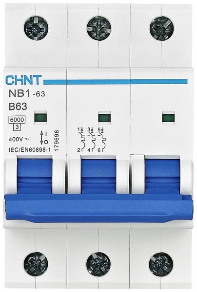 Produktbild: Chint 179695 NB1-63 3P B6 6kA DB Leitungsschutzschalter 3polig 6A 240 V, 415V