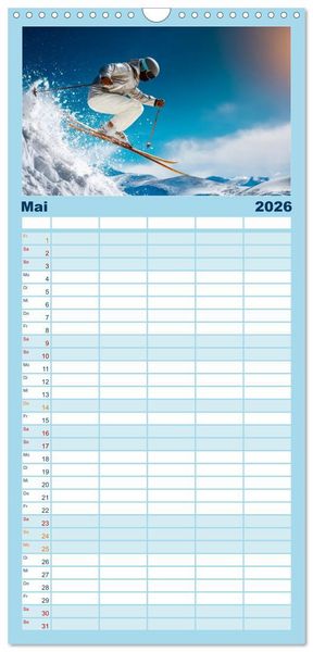Produktbild: Familienplaner 2026 - Skifahren - endlich Schnee mit 5 Spalten (Wandkalender, 21 x 45 cm) CALVENDO