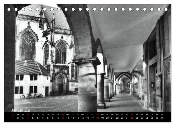Produktbild: M&uuml;nster in schwarz-wei&szlig; gesehen (Tischkalender 2026 DIN A5 quer), CALVENDO Monatskalender
