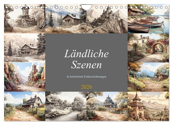 Produktbild: L&auml;ndliche Szenen in kolorierten Federzeichnungen (Wandkalender 2026 DIN A4 quer), CALVENDO Monatskalender