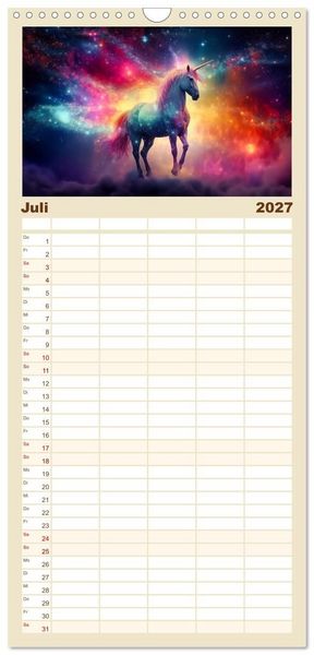 Produktbild: Familienplaner 2027 - Magische Momente im Land der Einh&ouml;rner mit 5 Spalten (Wandkalender, 21 x 45 cm) CALVENDO