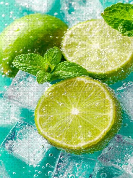 Produktbild: CALVENDO Puzzle Frische Limetten mit Eisw&uuml;rfeln | 1000 Teile Lege-Gr&ouml;&szlig;e 64x48cm Foto-Puzzle f&uuml;r gl&uuml;ckliche Stunden