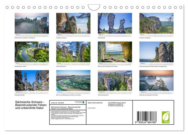 Produktbild: S&auml;chsische Schweiz - Beeindruckende Felsen und unber&uuml;hrte Natur (Wandkalender 2026 DIN A4 quer), CALVENDO Monatskalender