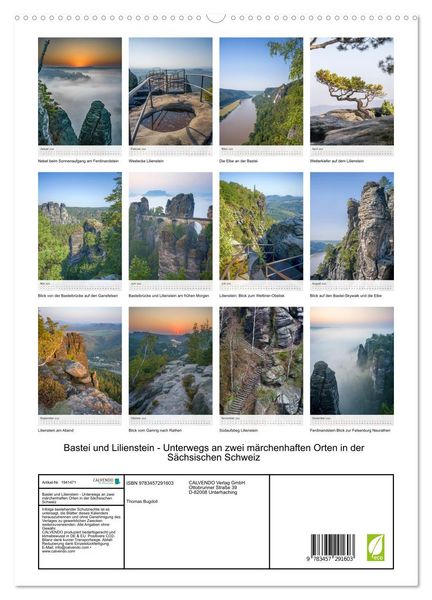Produktbild: Bastei und Lilienstein - Unterwegs an zwei m&auml;rchenhaften Orten in der S&auml;chsischen Schweiz (hochwertiger Premium Wandkalender 2026 DIN A2 hoch), Kunstdruck in Hochglanz