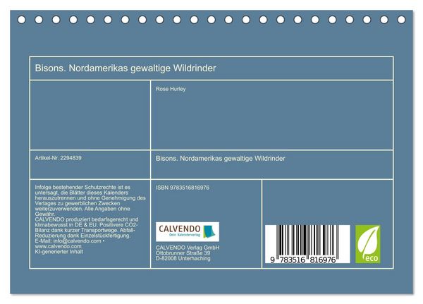 Produktbild: Bisons. Nordamerikas gewaltige Wildrinder (Tischkalender 2027 DIN A5 quer), CALVENDO Monatskalender