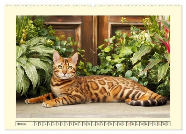 Produktbild: Bengalkatzen. Der elegante Mini-Leopard im Garten (hochwertiger Premium Wandkalender 2026 DIN A2 quer), Kunstdruck in Hochglanz