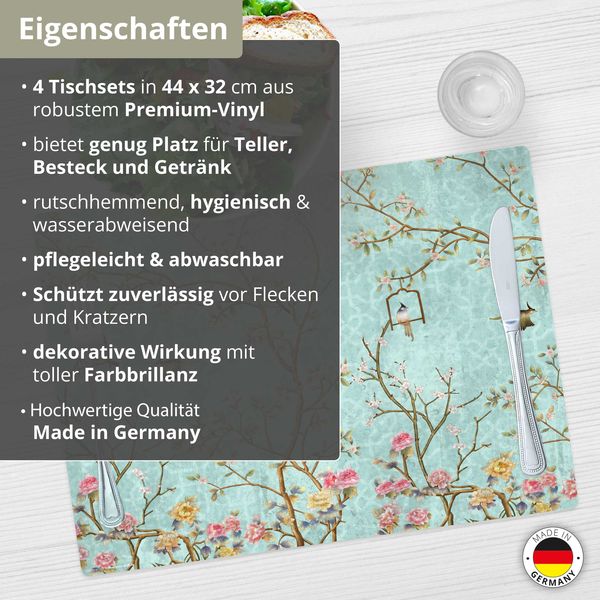 Produktbild: Tischsetmacher Tischsets Florales Vintage Motiv mit V&ouml;geln, aus hochwertigem Vinyl (4 St&uuml;ck), 44 x 32 cm