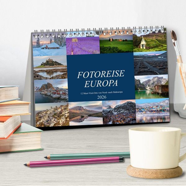 Produktbild: Fotoreise Europa, 12 Must-Visit-Orte von Nord- nach S&uuml;deuropa (Tischkalender 2026 DIN A5 quer), CALVENDO Monatskalender
