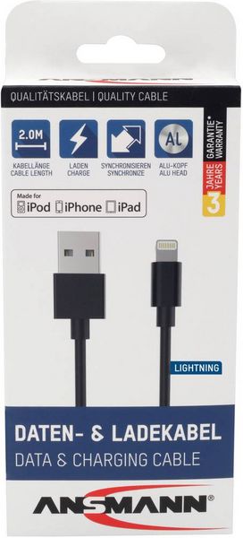 Produktbild: Ansmann USB-Kabel USB 2.0 USB-A Stecker, Apple Lightning Stecker 2.00 m Schwarz Aluminium-Stecker, TPE-Mantel, beidseitig verwendbarer Stecker