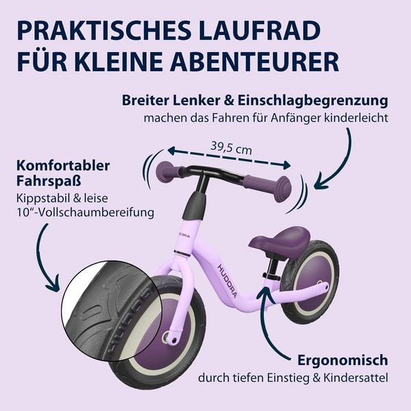Produktbild: HUDORA 10921 - Laufrad Cruisy 10 lavender, f&uuml;r Kinder von 73-100 cm, Sitzh&ouml;he: 24-31,5 cm