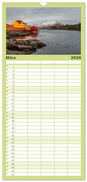Produktbild: Familienplaner 2026 - Norwegische Landschaften mit 5 Spalten (Wandkalender, 21 x 45 cm) CALVENDO