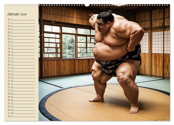 Produktbild: KI Sumo-K&auml;mpfer Im Ring der Giganten (hochwertiger Premium Wandkalender 2026 DIN A2 quer), Kunstdruck in Hochglanz