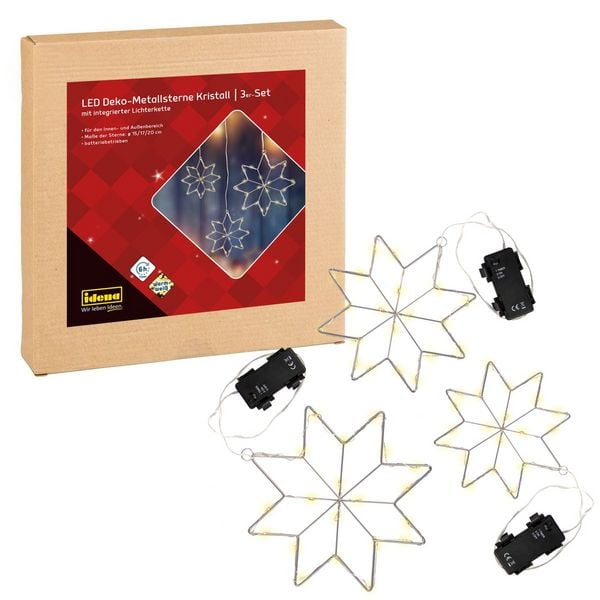 Produktbild: Idena Kristallsterne mit LED warmwei&szlig; Metall &Oslash;15, 17, 20cm 3 St&uuml;ck