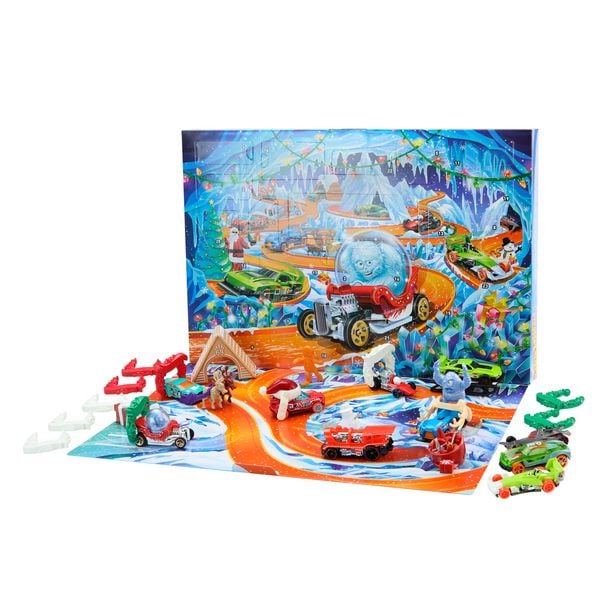 Produktbild: Hot Wheels Adventskalender 2026, 10 Spielzeugfahrzeuge im Ma&szlig;stab 1:64, 14 Zub