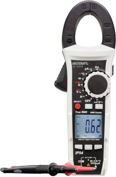 Produktbild: VOLTCRAFT VC-740 E Stromzange, Hand-Multimeter digital Spritzwassergesch&uuml;tzt (IP54) CAT IV 600 V Anzeige (Counts): 6000