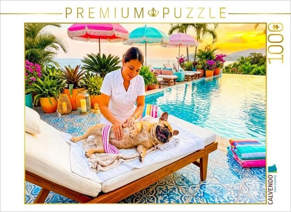 CALVENDO Puzzle Frenchie Poolmassage - Sommermotiv mit Palmen | 1000 Teile Lege-Größe 64x48cm Foto-Puzzle für glückliche Stunden